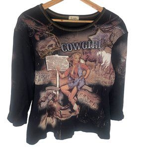 Vintage 90s Cactus Pinup Cowgirl Rodeo Horse Queen Tee Women 1X Black Rhinestone